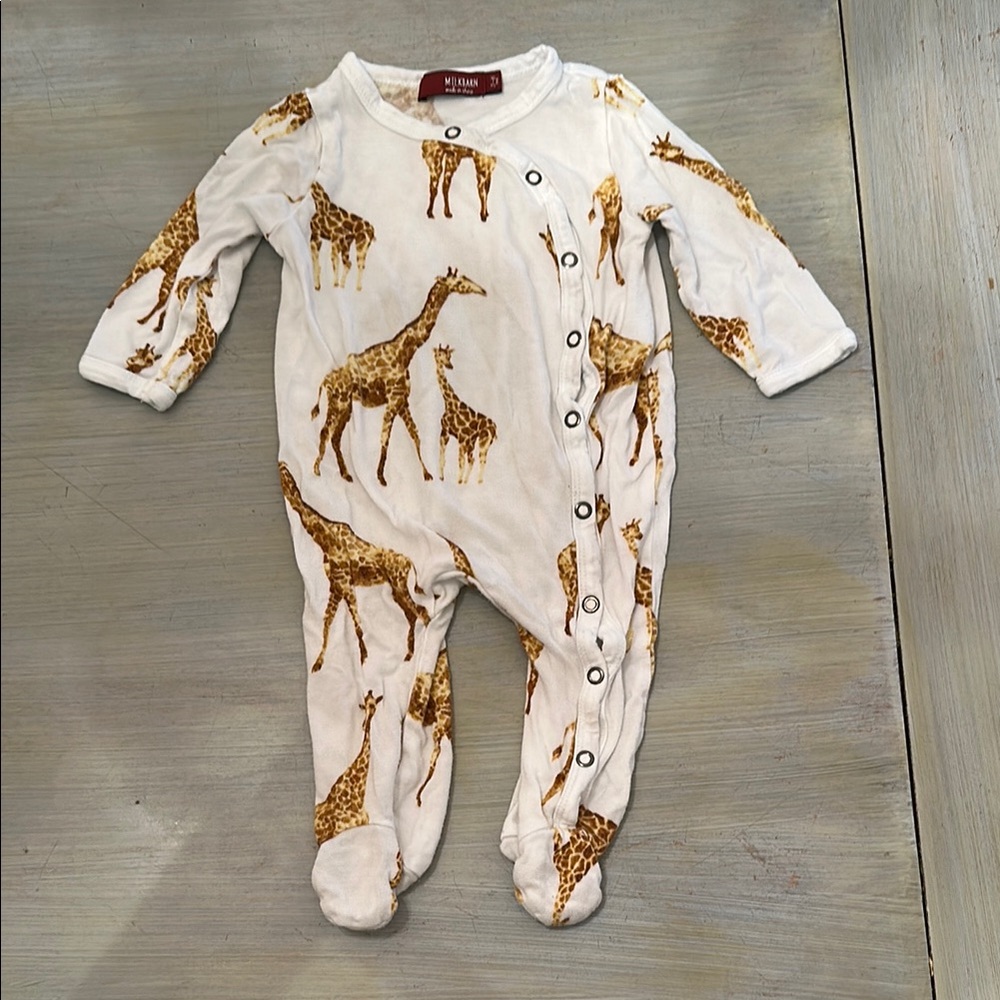 Milkbarn White and Brown Giraffe Print Footies One Piece
